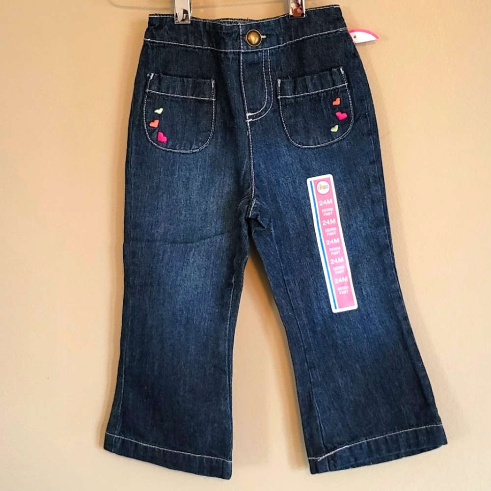 NWT dark wash denim flare jeans with heart accents
